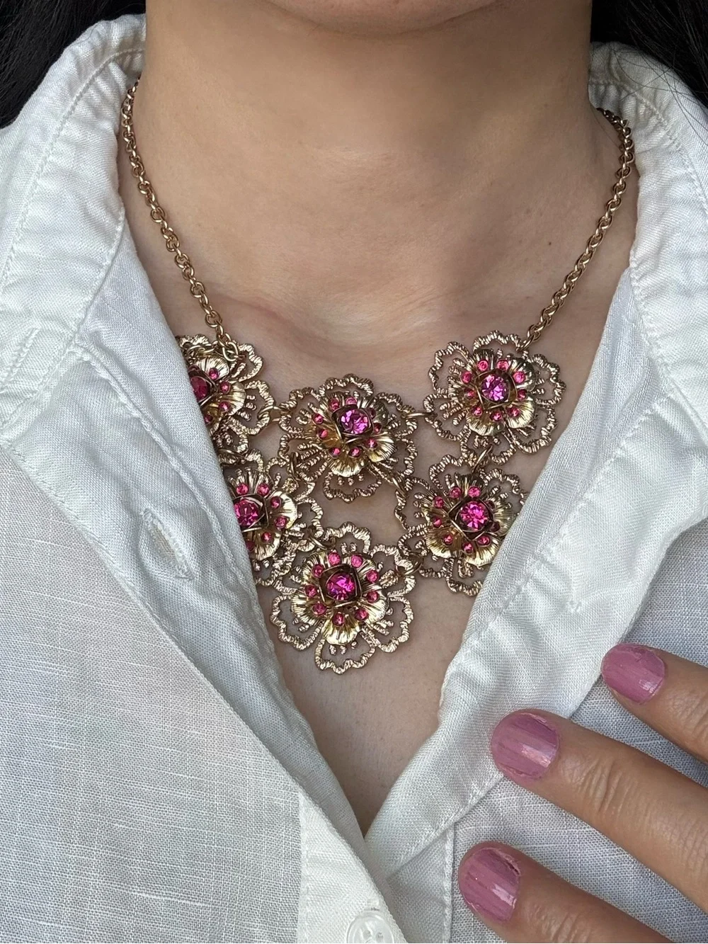 Vintage Gold Filigree Magenta Crystal Floral Statement Necklace Boho Glam